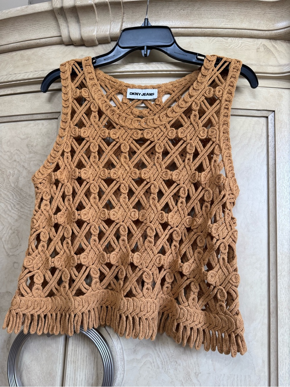DKNY Tan Crochet Openwork Top